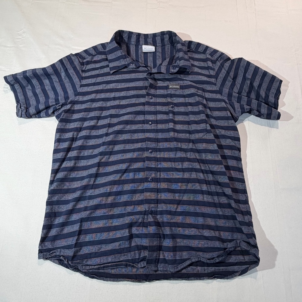 Columbia Men’s XL Short Sleeve‎ Snap Front Shirt Blue Striped Cotton Casual